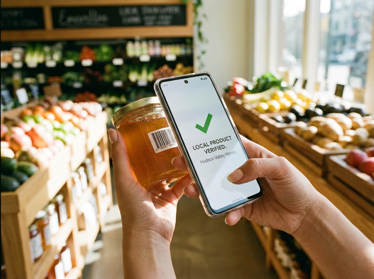 Close-up of a person's hand holding a modern smartphone and scanning a product barcode in a brightly lit, upscale grocery store. The screen shows a green checkmark indicating a local product. Natural lighting, lifestyle photography. 4:3