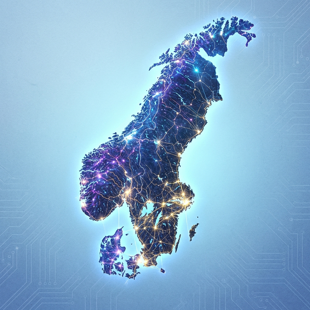 An artistic rendering of a map of Scandinavia including Denmark, Norway, and Sweden, glowing with interconnected digital nodes. The background is a soft blue gradient with subtle texture. Stylized illustration, professional feel. 1:1