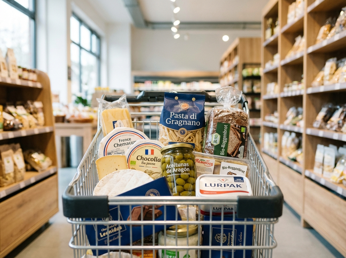 A shopping cart filled with various fresh and packaged products labeled with local European branding. The background is a clean, modern supermarket aisle with soft bokeh. Bright, balanced lighting, high quality. 4:3