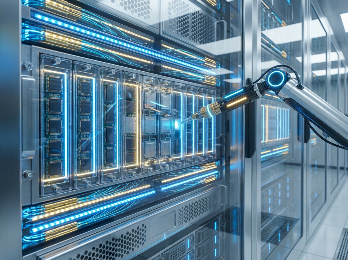 A futuristic and clean data center with glowing blue and gold lights on server racks, close-up shot of high-tech semiconductor memory chips being illuminated, sophisticated technology atmosphere, 4:3