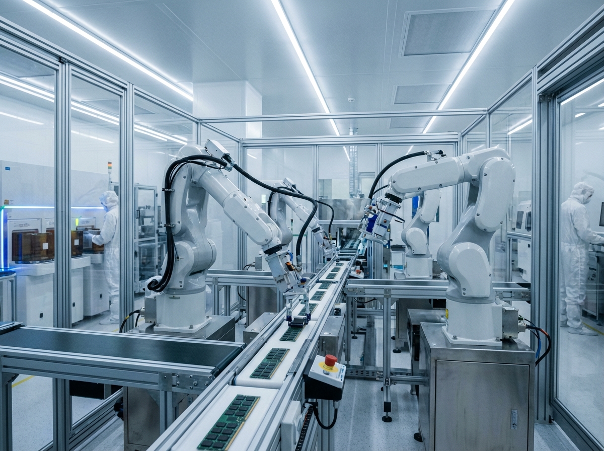 Inside a high-tech semiconductor fabrication plant, robotic arms assembling memory modules, clean and clinical environment with cool white lighting, modern industrial photography, 4:3