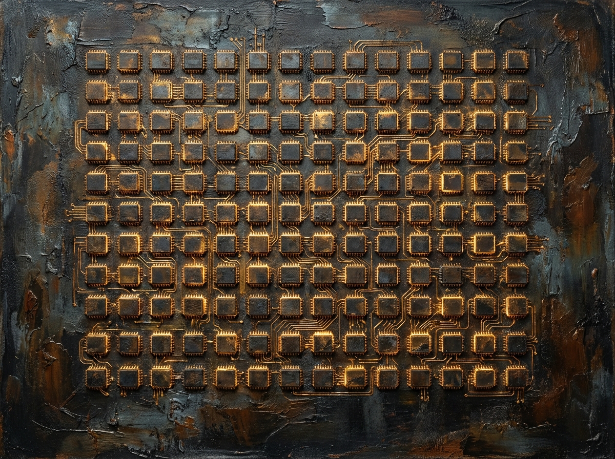 An artistic rendering of hundreds of tiny memory chips organized in a grid pattern, glowing with golden edges against a dark background, textured and rich visual, 4:3