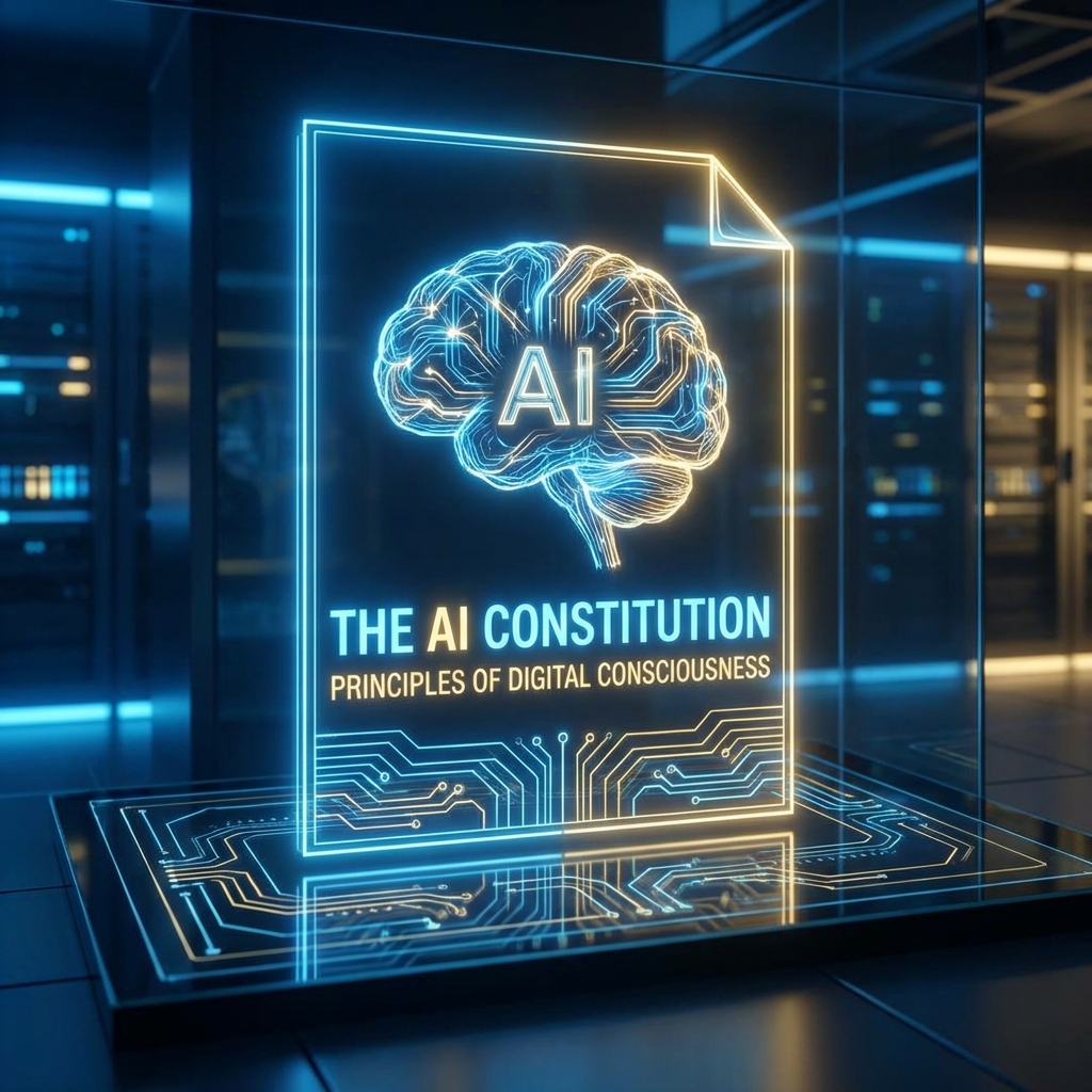 A glowing digital document with a futuristic AI brain icon in the center, representing a constitution for artificial intelligence, clean aesthetic, high contrast, blue and gold tones, 1:1