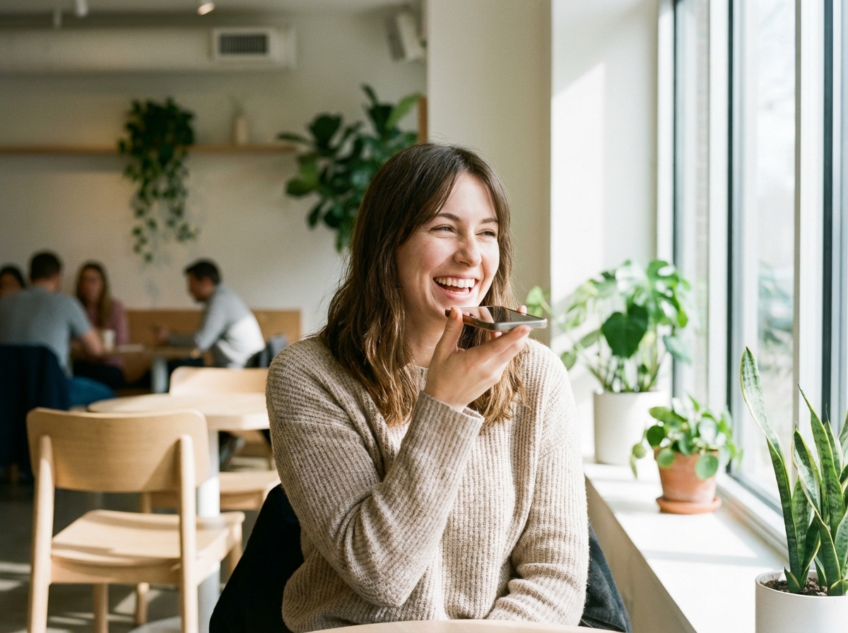 A person sitting in a bright modern cafe, holding an iPhone and speaking naturally to it, soft daylight through a window, lifestyle photography, 4:3