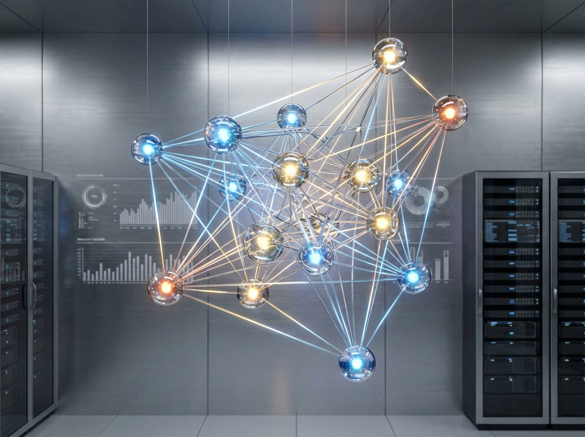 Artistic representation of a digital neural network with glowing nodes and connections, clean and professional look, tech-focused background, 4:3