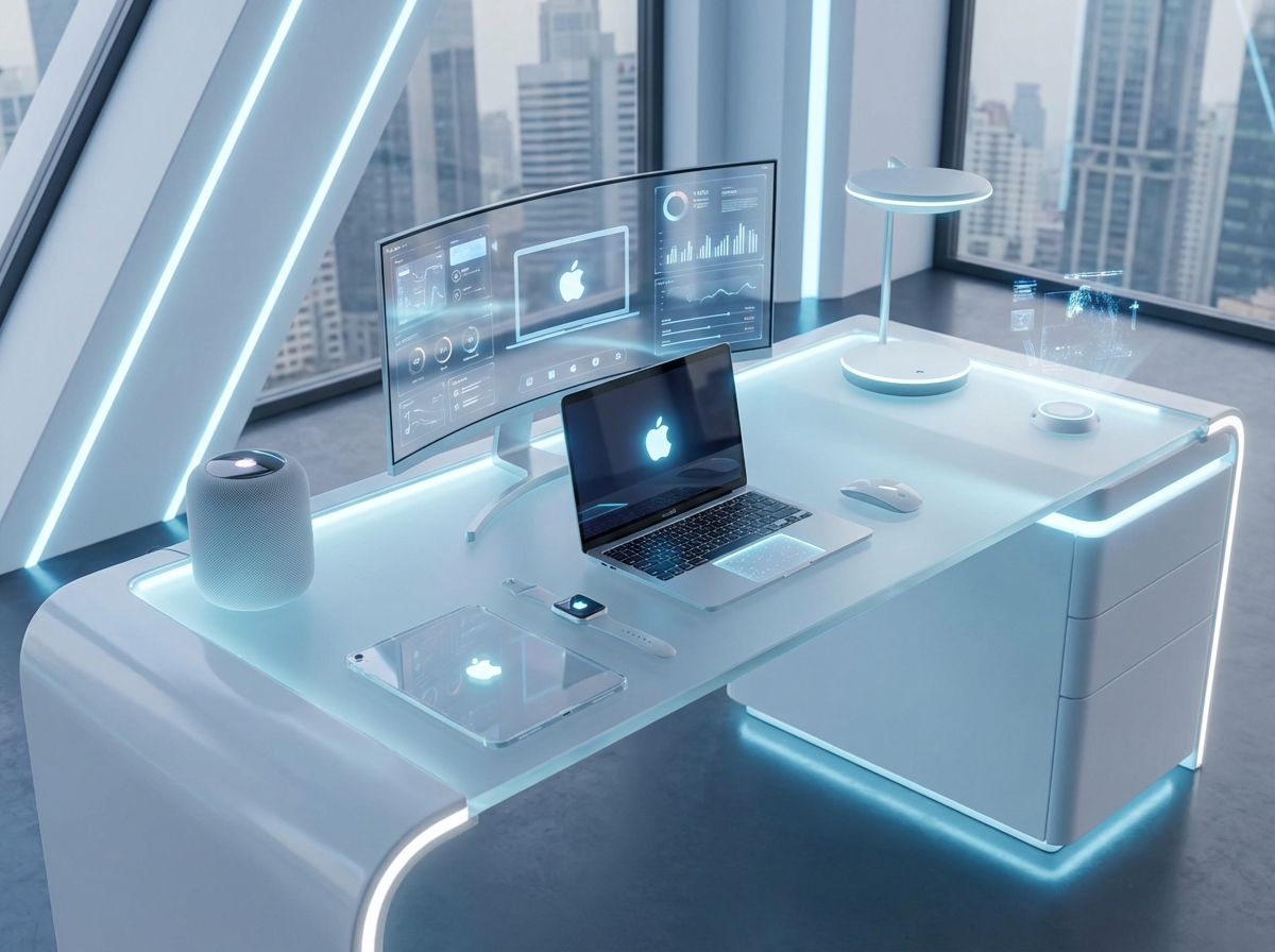 A futuristic office desk with multiple Apple devices, minimalist design, soft blue and white lighting, focus on a high-tech atmosphere, 4:3