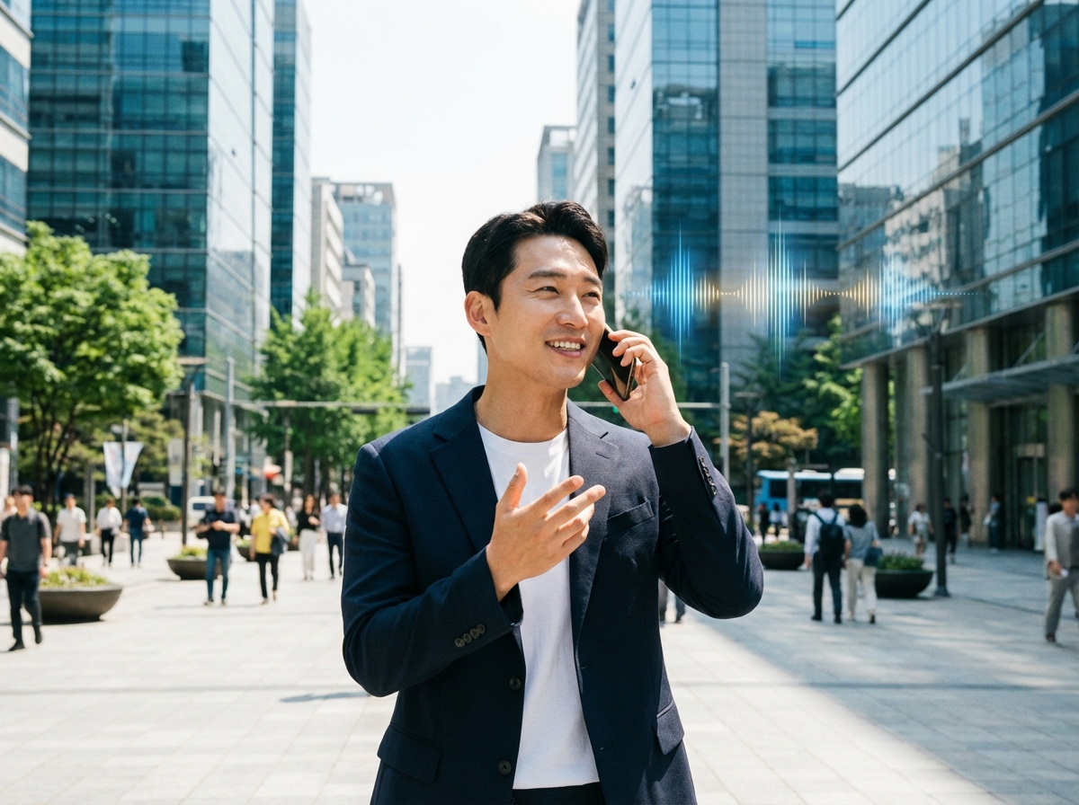 A Korean man walking on a modern city street, holding a smartphone and speaking naturally into it. A subtle, glowing digital voice wave animation emerges from the phone. The atmosphere is bright and productive. High-quality lifestyle photography, 4:3.