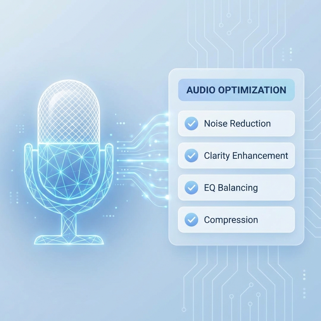 A clean infographic showing a stylized microphone icon on the left, connected by glowing digital lines to a neat checklist on the right. Modern UI design elements, soft blue and white colors, professional and high-tech feel, 1:1.