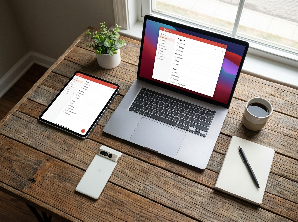 A workspace with a laptop, a tablet, and a smartphone all showing the Todoist interface with organized tasks. Clean aesthetic, natural indoor lighting, wooden desk, top-down view, 4:3.