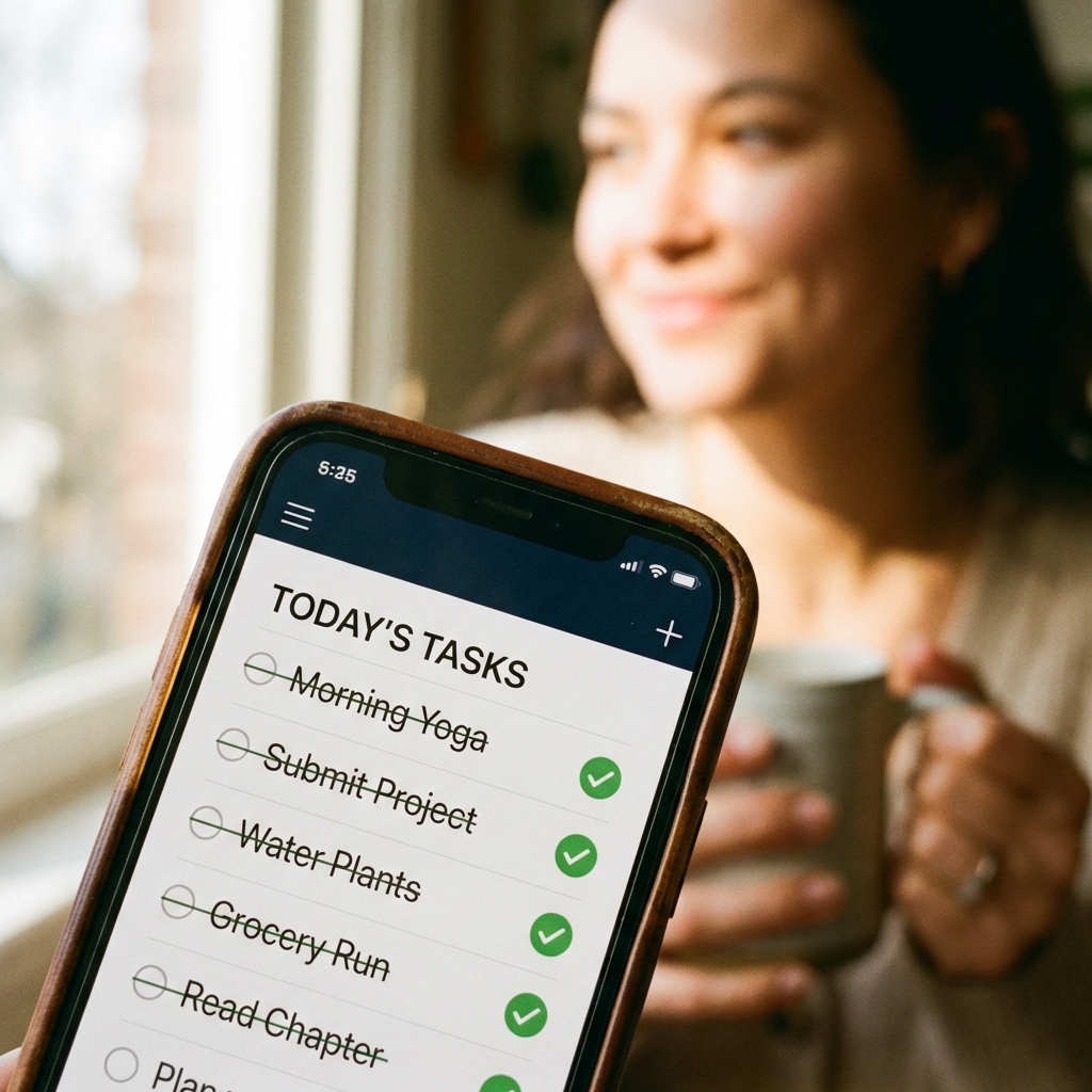 A close-up of a smartphone screen showing a completed task list with checkmarks. In the background, a person is smiling slightly, out of focus, suggesting a feeling of accomplishment and organization. Warm and soft lighting, 1:1.