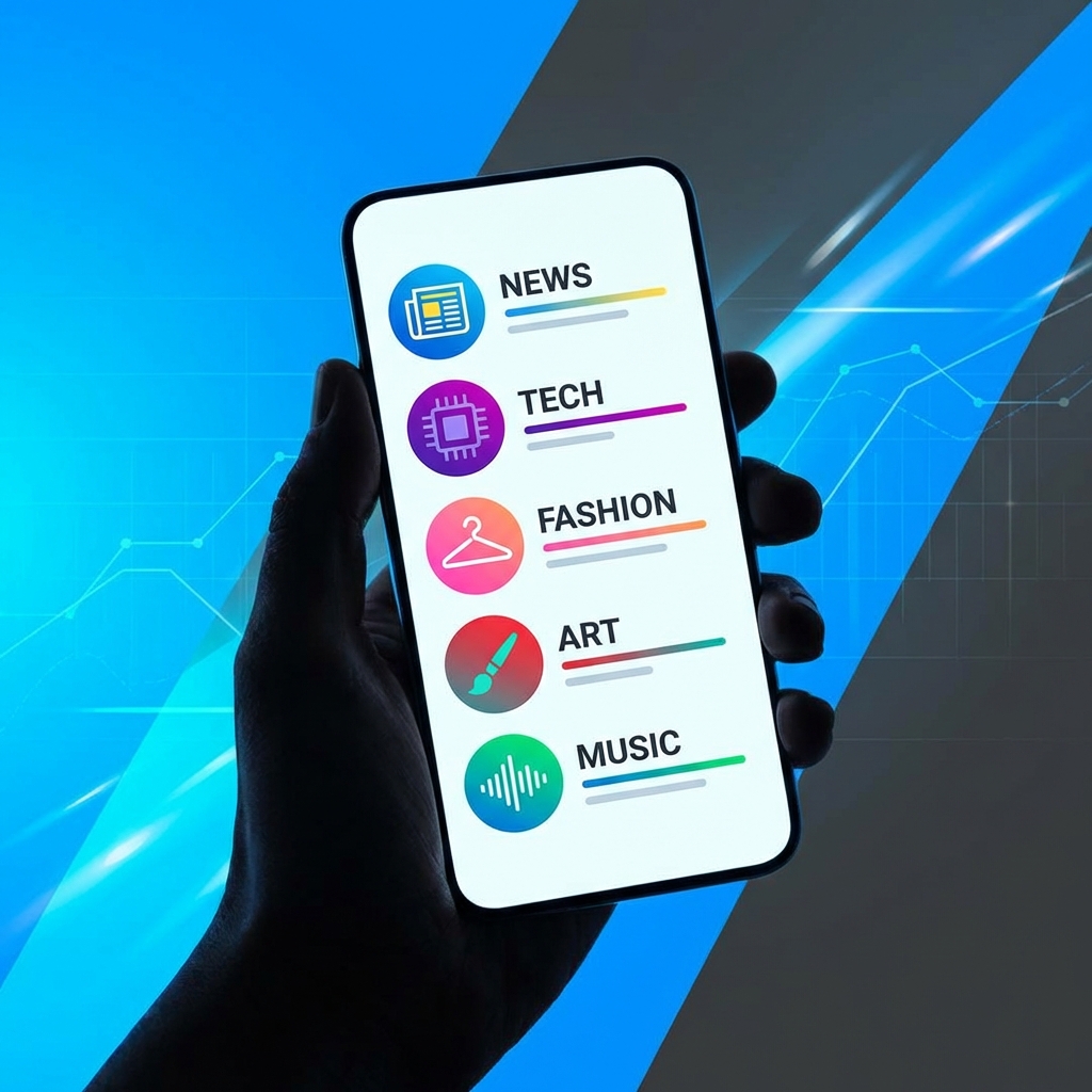 A high-contrast modern infographic showing a person holding a sleek smartphone. The screen displays a curated list of social media profiles with colorful icons representing different interests like news, tech, and fashion. The background is a vibrant gradient of blue and dark grey. 1:1