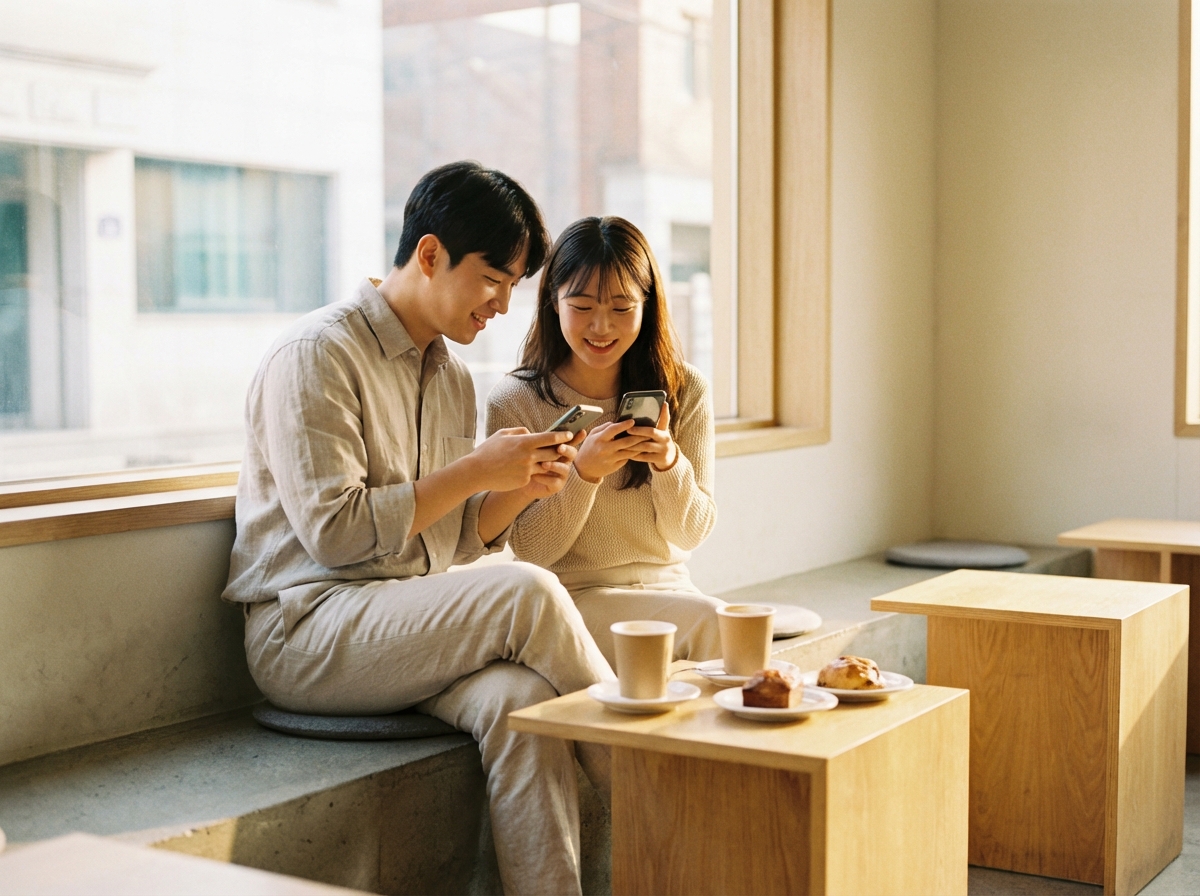 Lifestyle photography of two young Korean individuals sitting in a trendy minimalist cafe. They are looking at their smartphones with natural expressions of interest and smiling. Warm natural lighting from a large window. High-quality 4:3