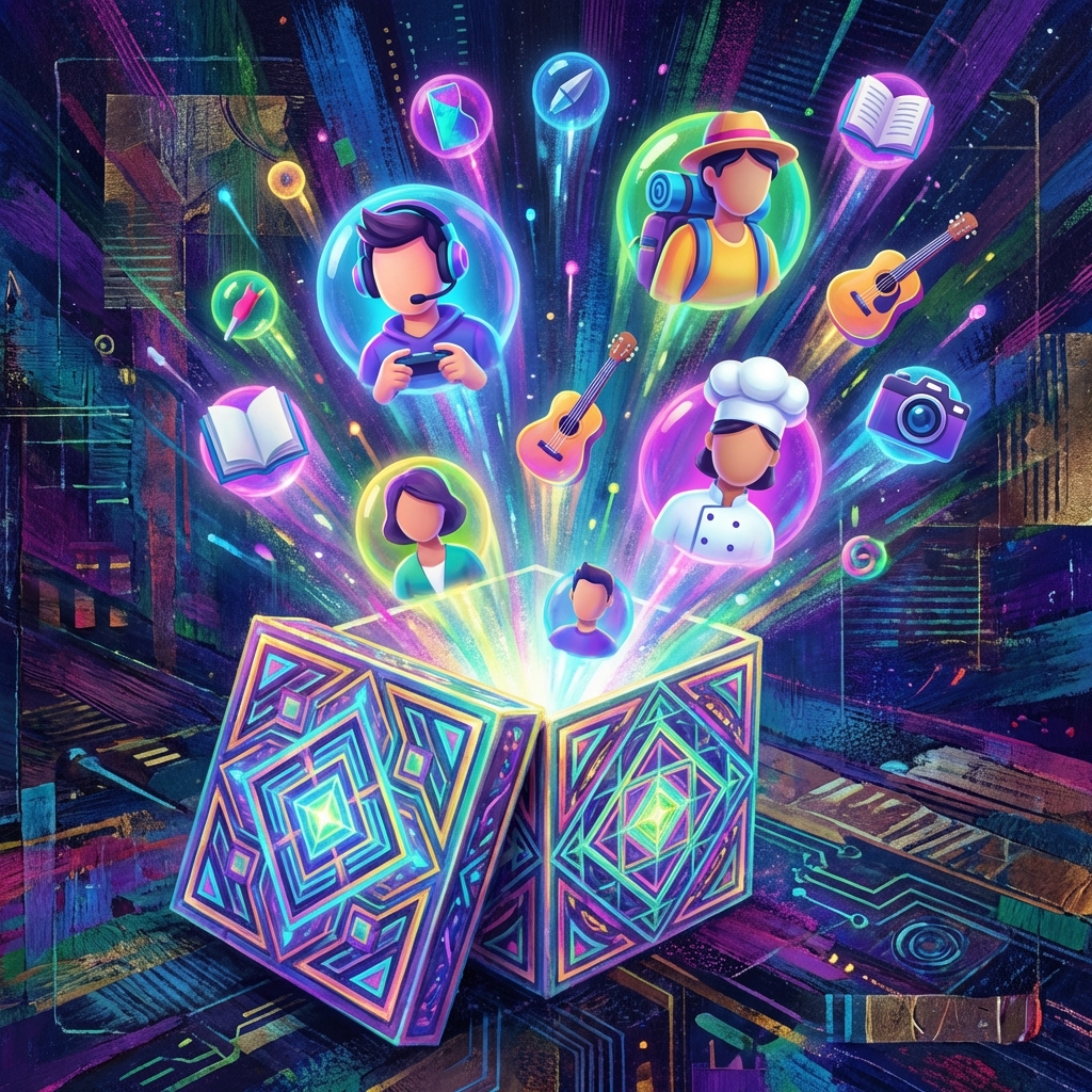 Artistic rendering of a stylized glowing box opening up. Out of the box, various 3D digital profile avatars and interest icons float into the air. The colors are vibrant and saturated. Textured background with a sense of depth. 1:1
