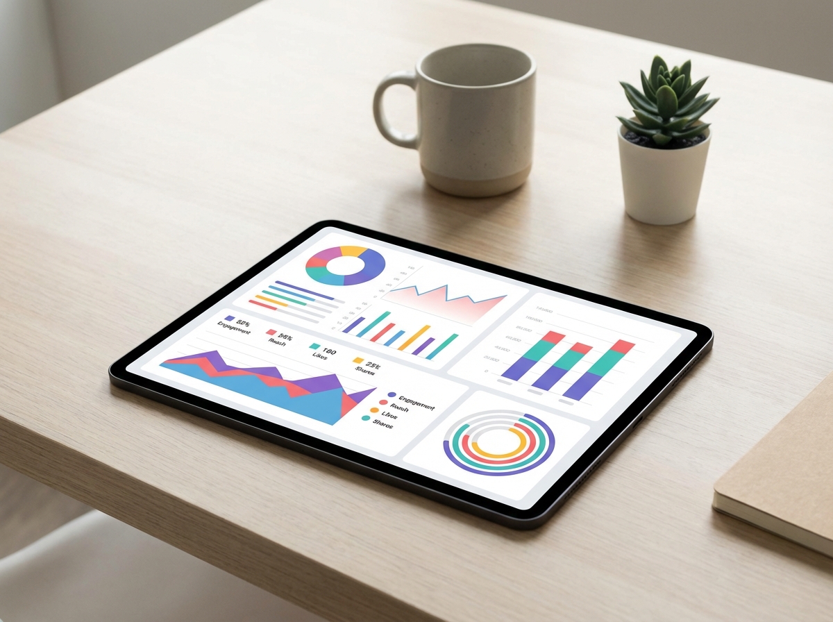 Clean infographic-style shot of a minimalist office desk. A tablet is lying on the desk showing colorful data visualizations and engagement charts related to social media trends. No text visible on the screen. Soft overhead lighting. 4:3