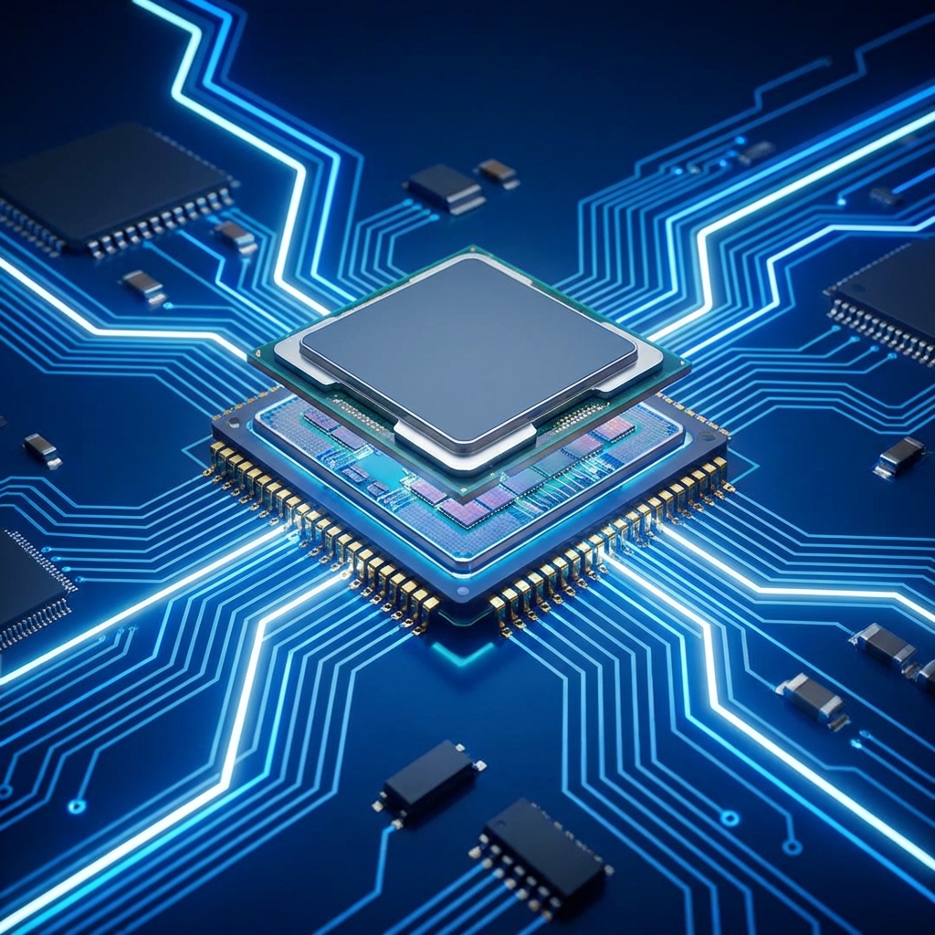 A high-tech semiconductor chip placed on a modern blue circuit board with glowing light paths representing data flow clean infographic style high contrast no text 1:1
