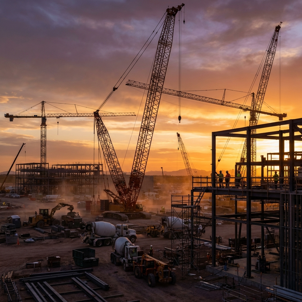 A massive semiconductor fabrication plant under construction with cranes and industrial equipment in Arizona sunset lighting realistic photography no text 1:1