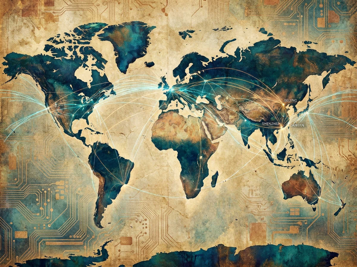 A stylized global map showing interconnected lines between major tech hubs like Silicon Valley Taiwan and China artistic rendering textured background no text 4:3