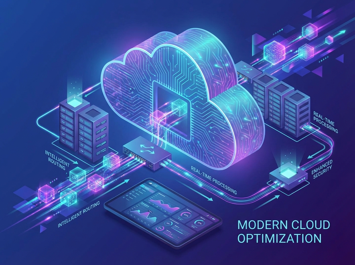Modern cloud computing infrastructure with abstract data packets being optimized. Clean infographic style, glowing circuit patterns, high-tech aesthetic, vibrant purple and teal lighting, professional layout, 4:3
