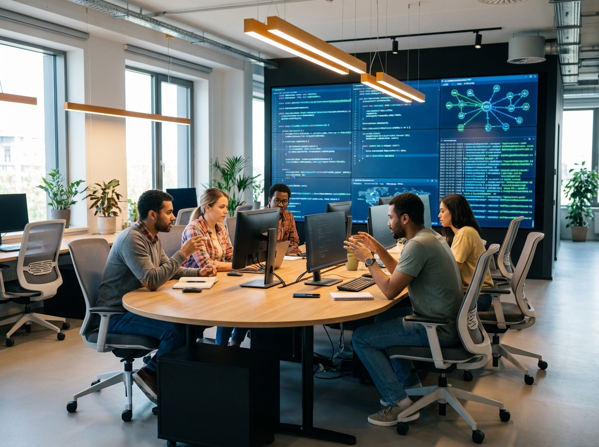 A team of software engineers working together in a modern, brightly lit office. Background features a wall of digital screens showing flowing code and network diagrams, realistic photography, warm office lighting, 4:3