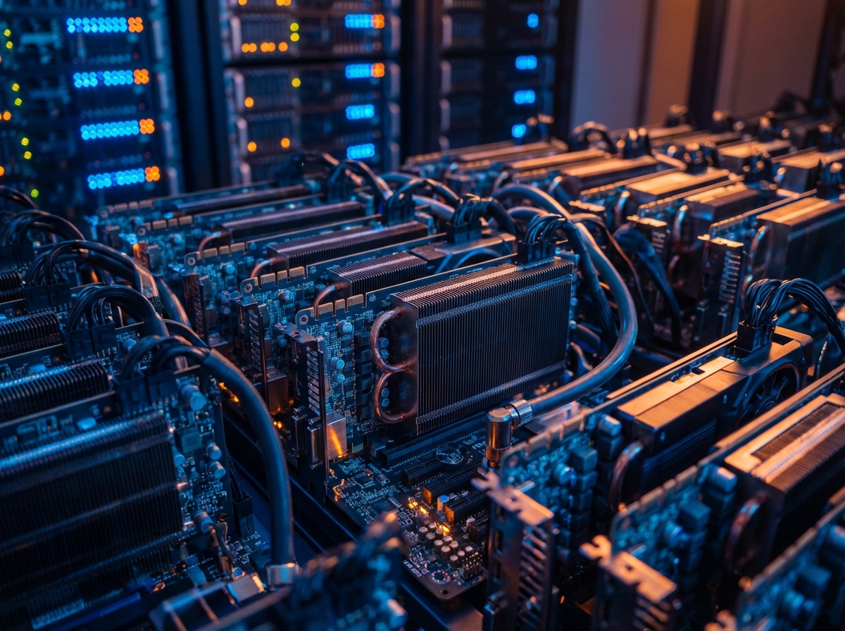 Close-up of high-performance GPU clusters in a data center. Intricate details of hardware components, glowing LED indicators, blue and orange ambient light, professional photography, shallow depth of field, 4:3