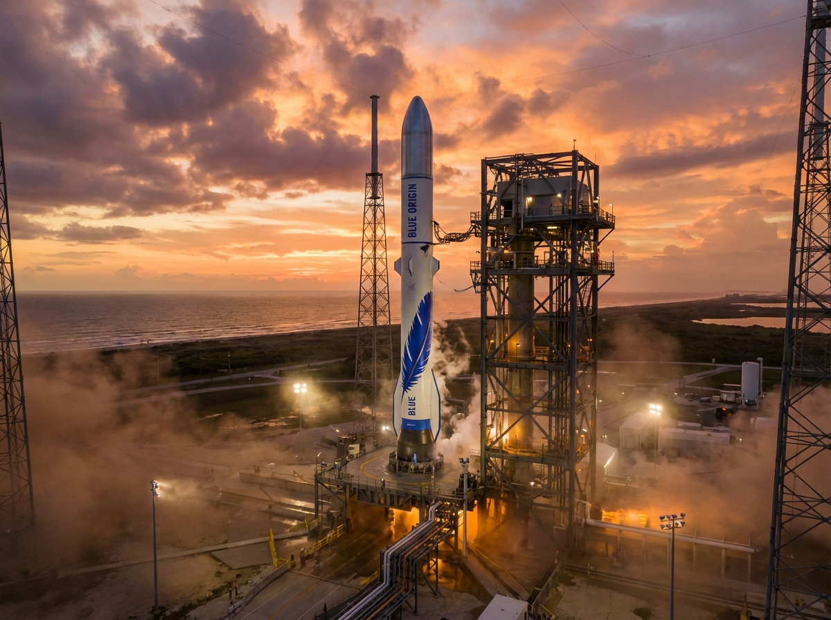 A massive New Glenn rocket standing on a high-tech launch pad at sunset, realistic textures, powerful atmosphere, 4:3