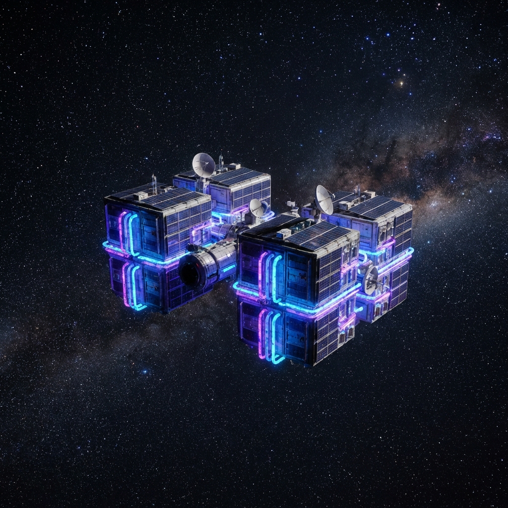 Advanced orbital data centers integrated with satellites, glowing cooling systems, deep space background with stars, 1:1