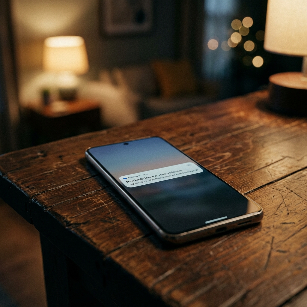 A modern smartphone lying on a dark wooden table showing a glowing notification of an incoming SMS with a login link. The background is slightly blurred with soft warm ambient lighting. Cinematic photography style, natural textures, 1:1.