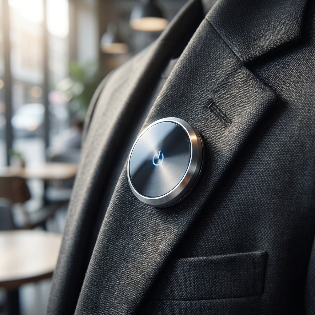 A sleek, circular metallic AI pin attached to the lapel of a modern blazer. The device has a glass and aluminum finish with a minimalist aesthetic. High-tech lifestyle photography, soft natural lighting, depth of field. 1:1