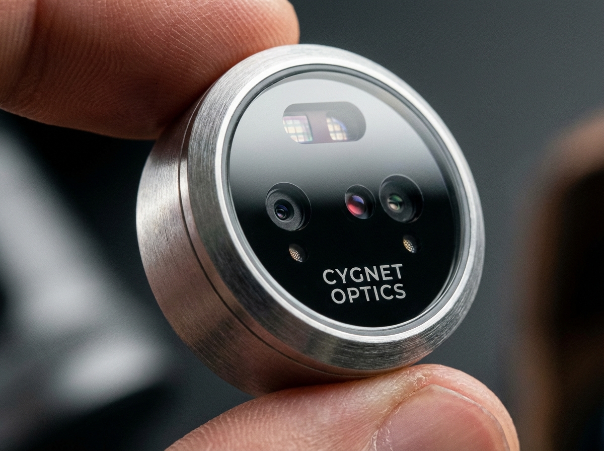 Close-up conceptual shot of a small circular tech device showing two tiny camera lenses and sensor arrays. Aluminum and glass texture, modern and premium look, clean studio lighting. 4:3
