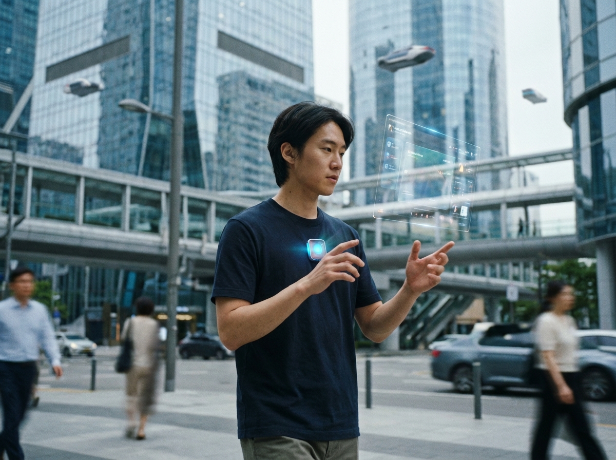 A person walking in a futuristic tech-centered city, wearing a small AI device on their chest. The person is interacting with the air or looking at something, natural Korean appearance, blurred background of a modern street, daytime. 4:3