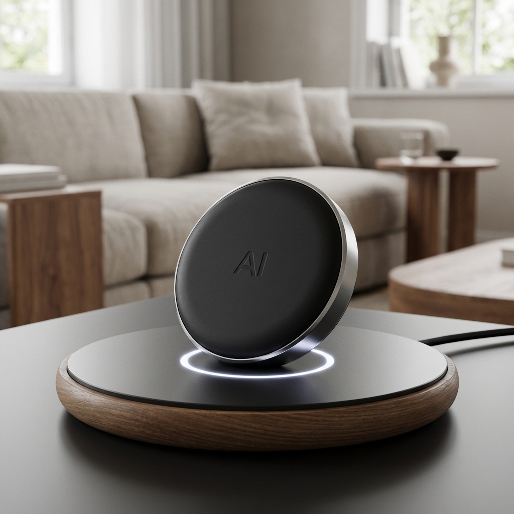 A circular AI pin device resting on a sleek magnetic charging pad. Subtle LED glow indicating charging status, modern home interior background with soft lighting, detailed textures. 1:1