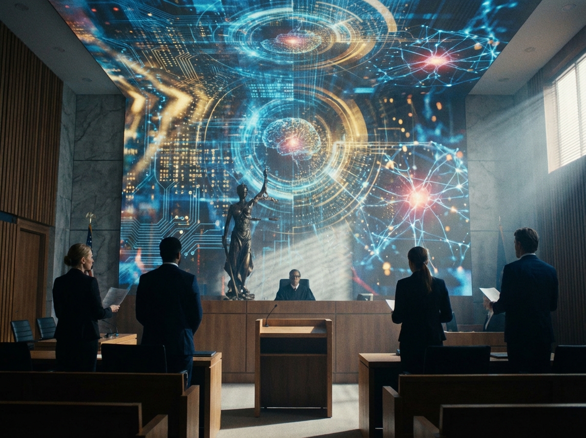 A dramatic scene showing a modern courtroom interior with an abstract digital overlay representing artificial intelligence and data networks, symbolizing the clash between law and futuristic ideology, realistic cinematic lighting, no text, 4:3