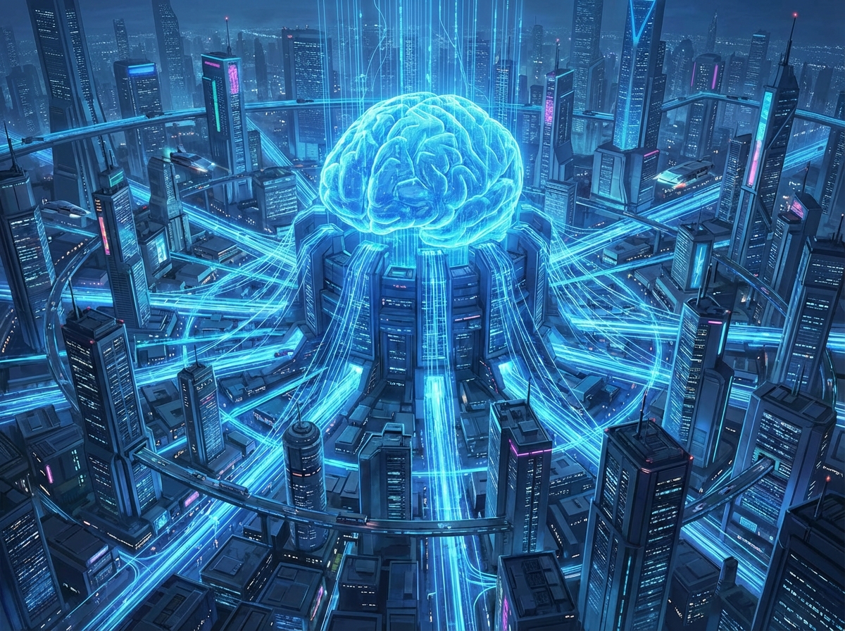 A high-tech futuristic city conceptual illustration with glowing blue data lines connecting buildings and a central AI brain core, representing a cybernetic government system, digital art style, no text, 4:3