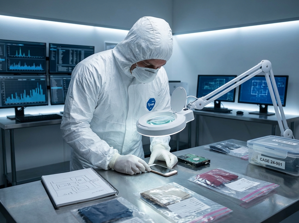 A professional forensic officer in a clean suit examining digital evidence and physical items in a high-tech laboratory setting, symbolizing a thorough investigation into a planned act, realistic photography, 4:3