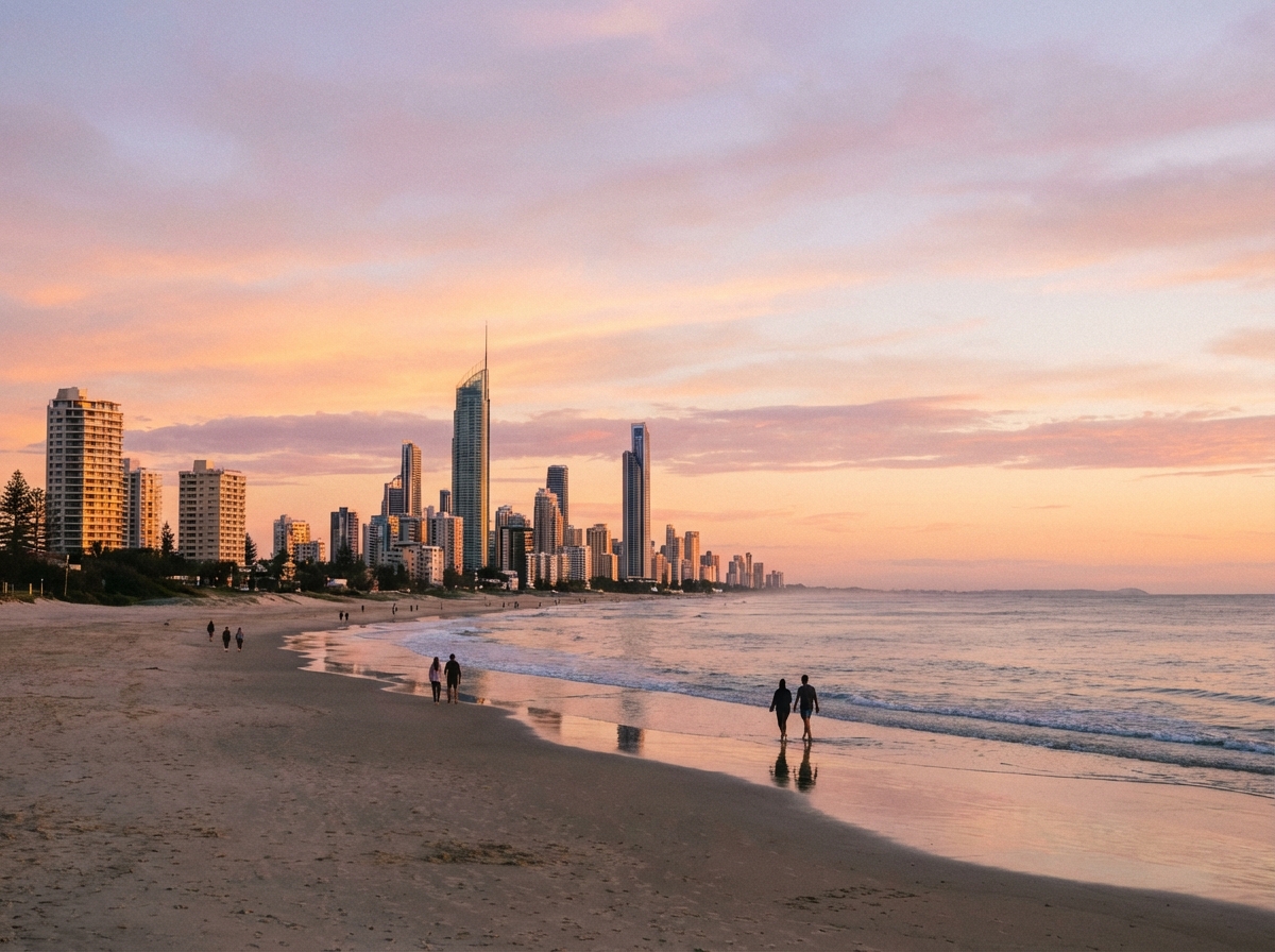 A beautiful wide shot of the Gold Coast skyline and beach during sunset, peaceful atmosphere with a few people walking along the shore, high quality photography, soft lighting, no text, 4:3