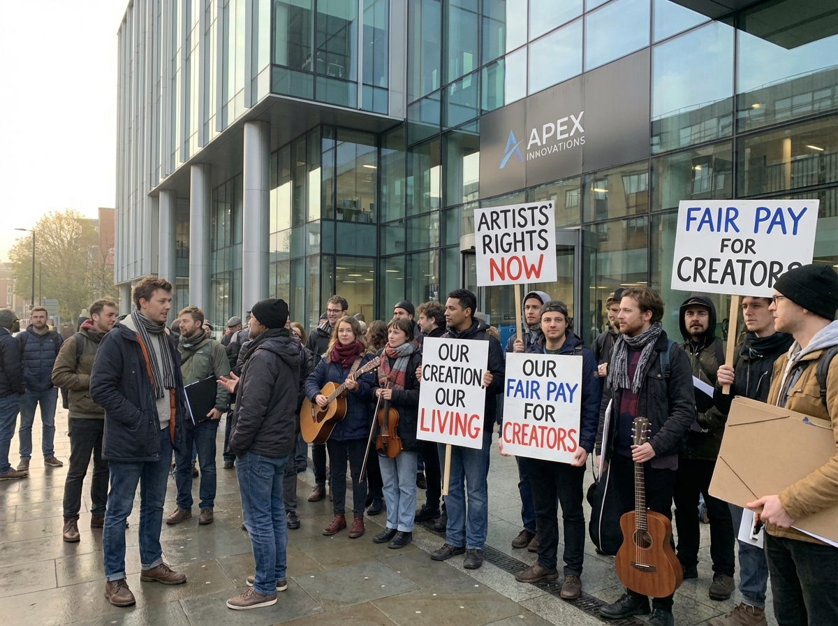 A realistic scene of diverse artists and musicians holding placards and protesting for intellectual property rights in front of a modern tech company building, soft morning sunlight, natural street photography style, 4:3