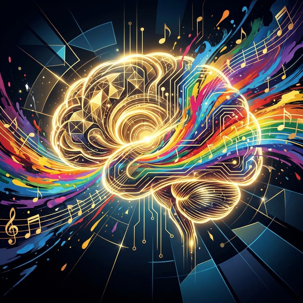 A conceptual digital illustration of an abstract AI brain glowing with golden light, absorbing colorful floating paint strokes and musical notes, high contrast, modern layout, 1:1