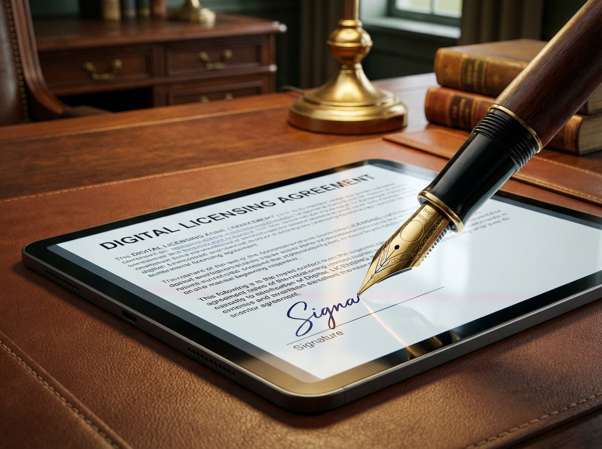 Close up shot of a fountain pen signing a digital licensing agreement displayed on a sleek tablet screen, warm professional office atmosphere, elegant desk setup, 4:3