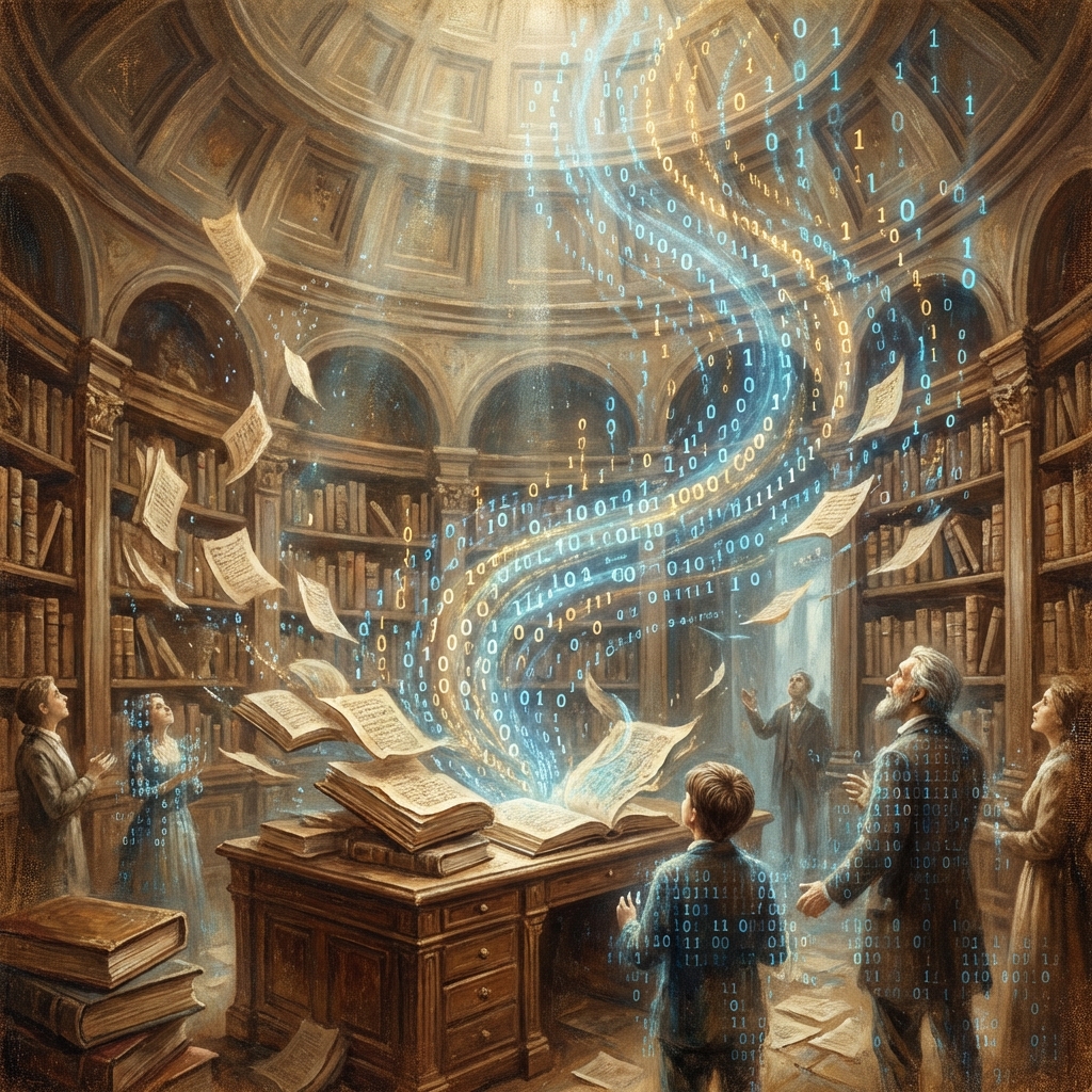 An artistic rendering of a classic library where the pages of old books are dissolving into strings of digital binary code, textured background, ethereal lighting, 1:1