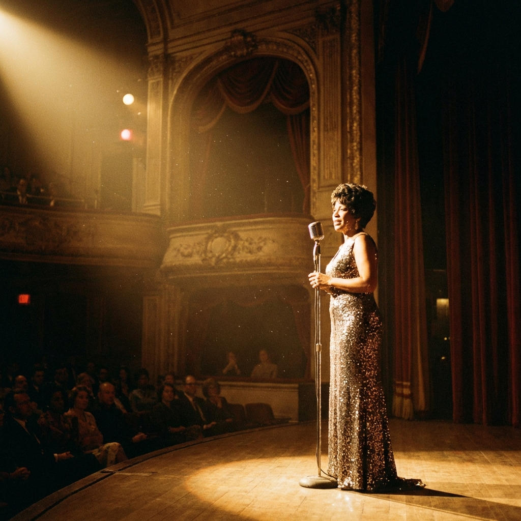 An elegant legendary female singer performing on a stage with classic theater lighting, vintage glamour style, warm spotlight, cinematic atmosphere, 1:1
