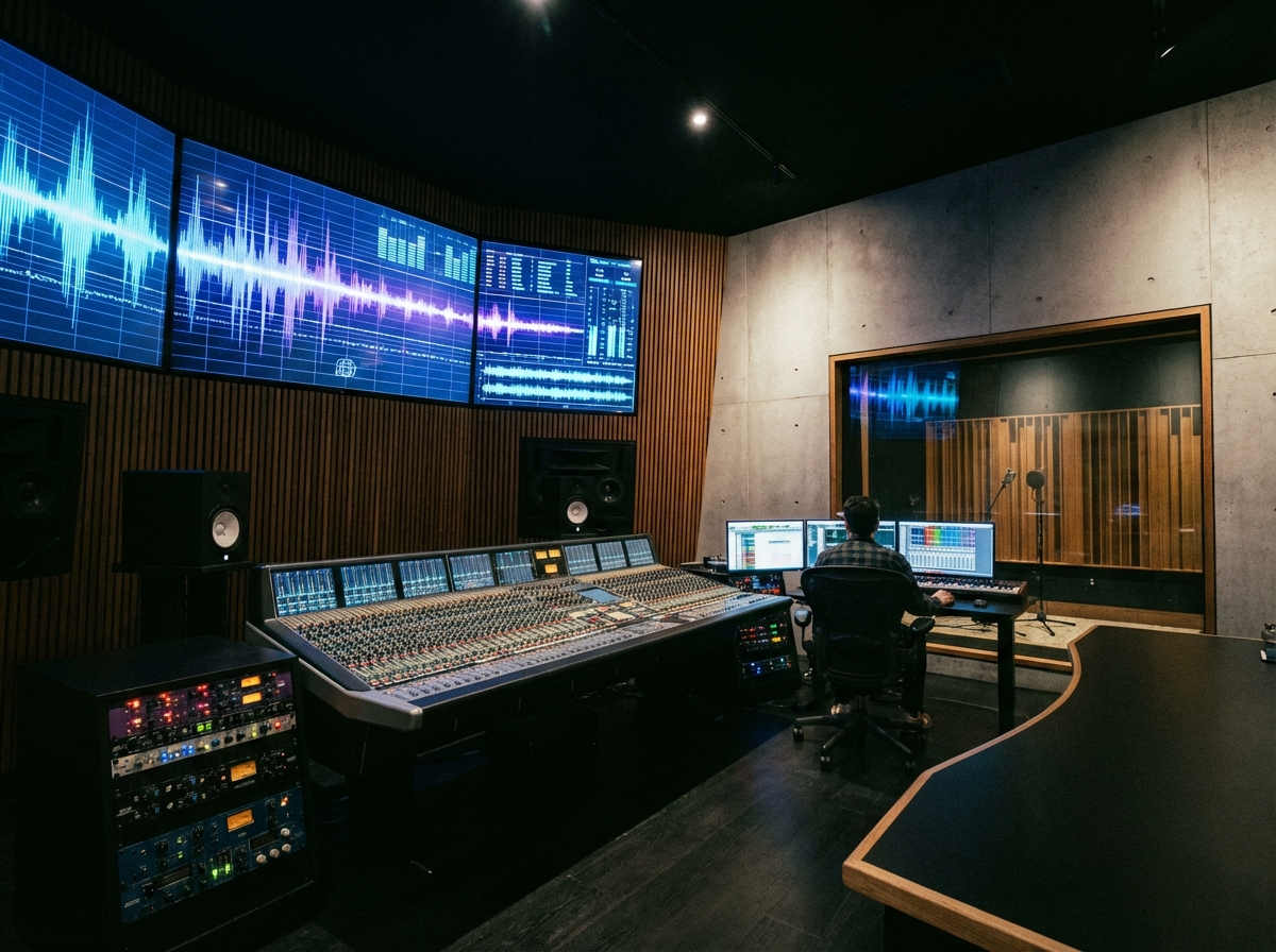 A modern music production studio with high-tech equipment, glowing digital sound waves on screens, sleek and professional atmosphere, high contrast, 4:3