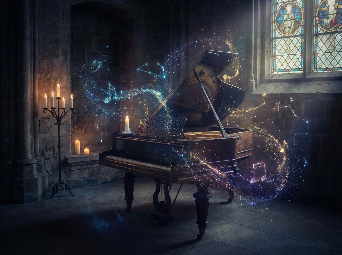 A grand piano in a dimly lit room with digital light particles flowing around it, artistic rendering, ethereal and musical vibe, 4:3