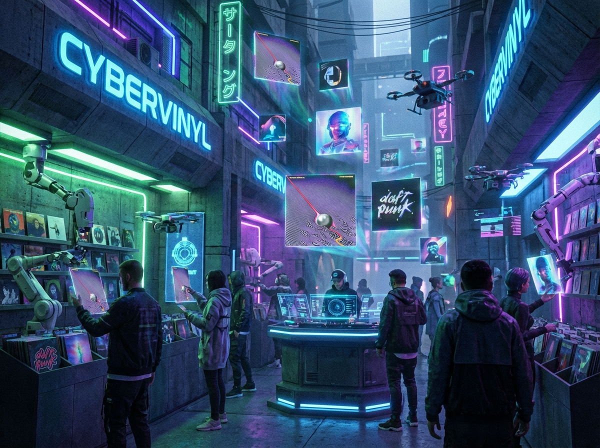 A futuristic record store with neon lights, holographic album covers, high-tech atmosphere, vibrant colors, 4:3