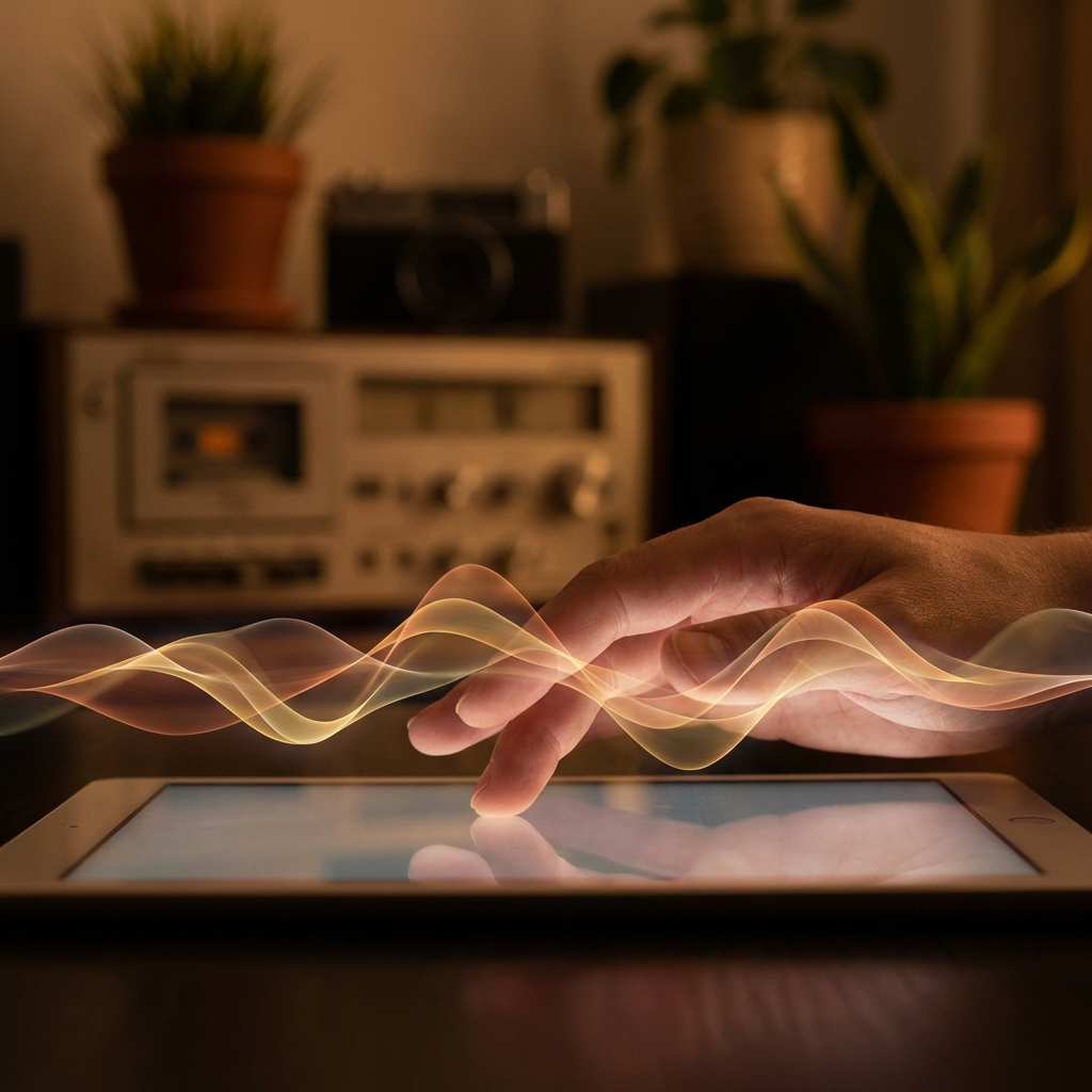 A human hand gently touching glowing digital sound frequencies, warm lighting, connection between technology and humanity, detailed composition, 1:1