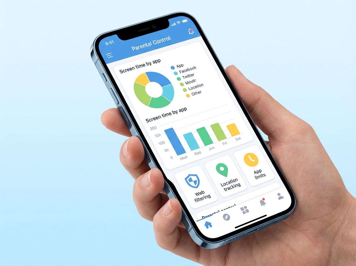 A modern smartphone displaying a clean and intuitive parental control dashboard with colorful charts and safety icons. The background is a soft blue gradient, conveying a sense of security and technology. 4:3