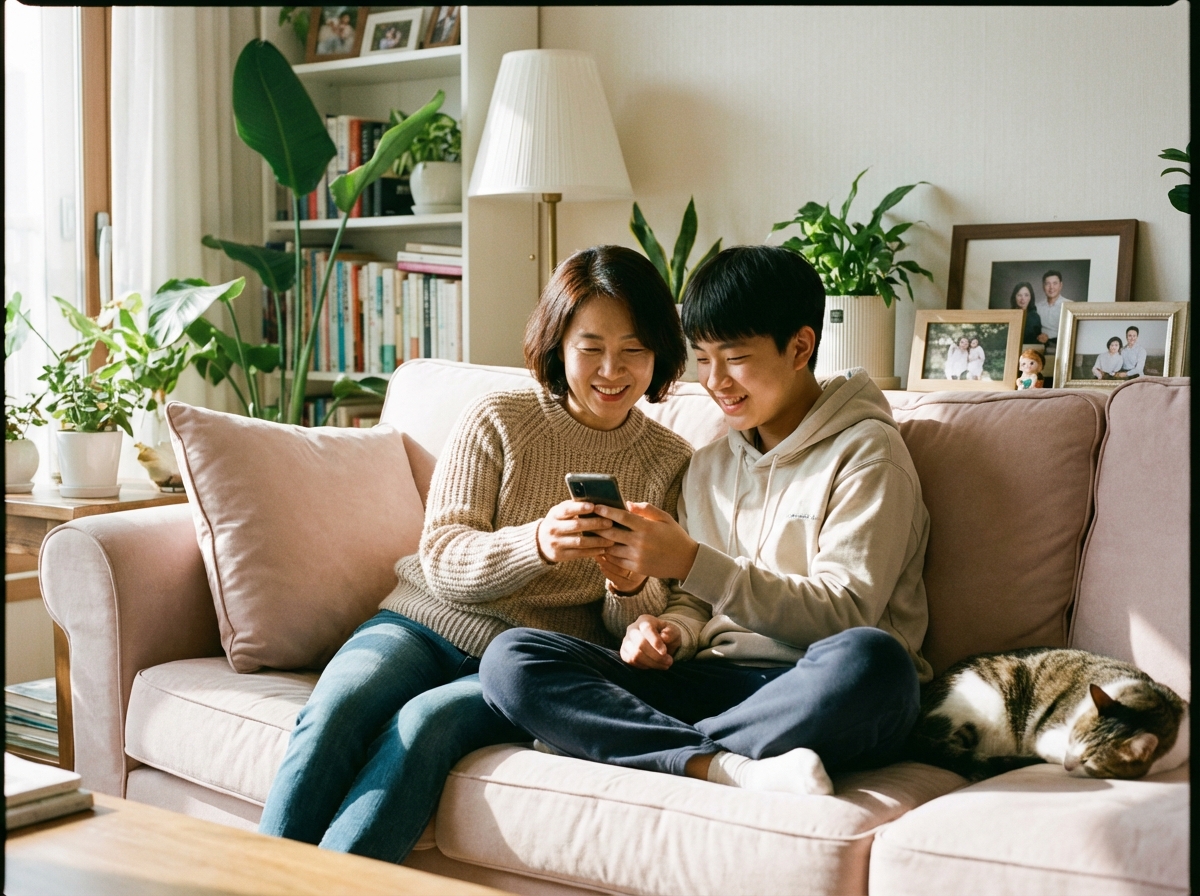 A Korean mother and her teenage son sitting comfortably on a sofa, looking together at a smartphone screen with friendly expressions. The living room is bright and warm. 4:3