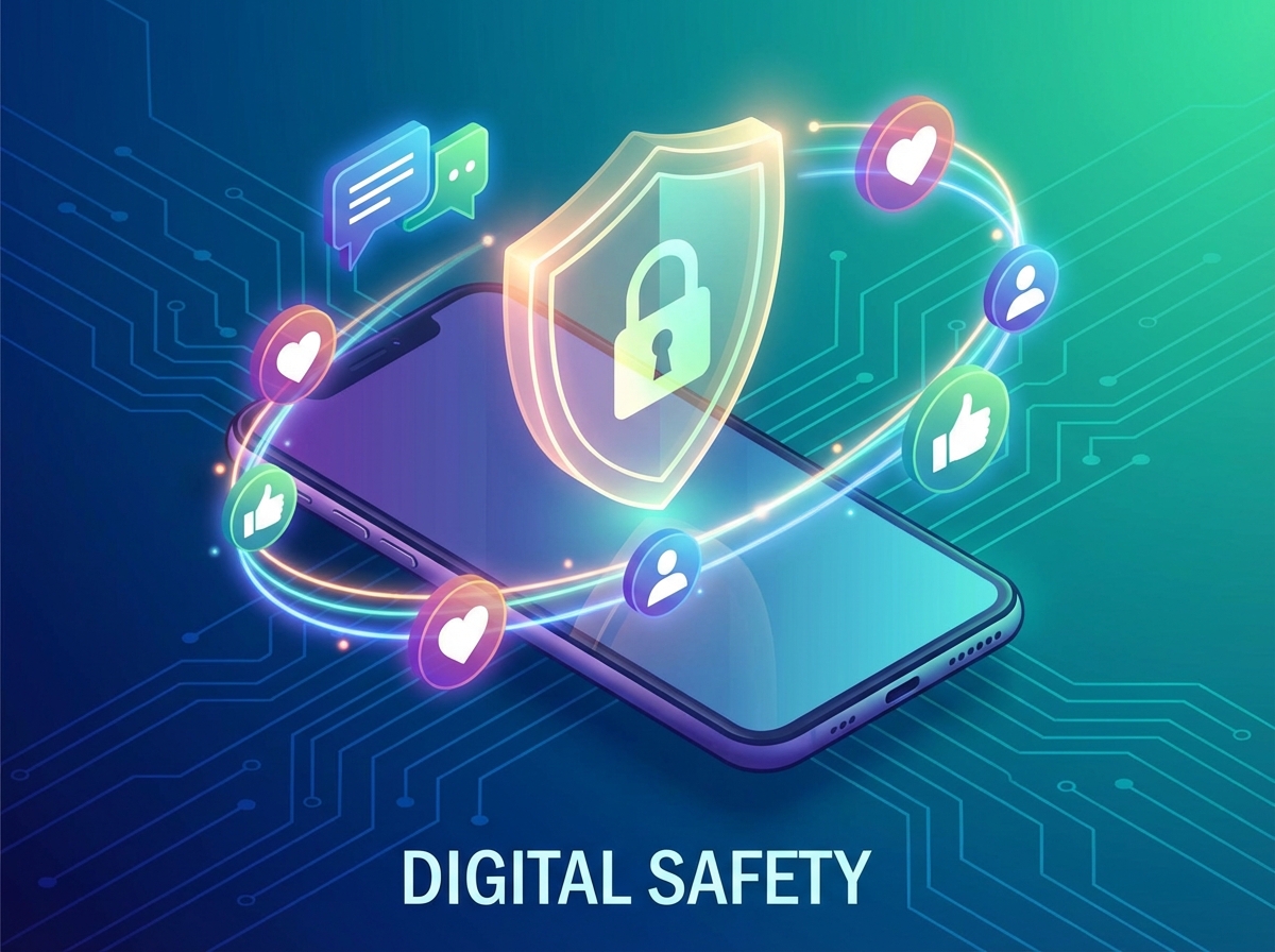 A conceptual illustration of digital safety showing a shield icon over a smartphone, surrounded by glowing social media icons like chat bubbles and hearts. Professional and clean aesthetic. 4:3