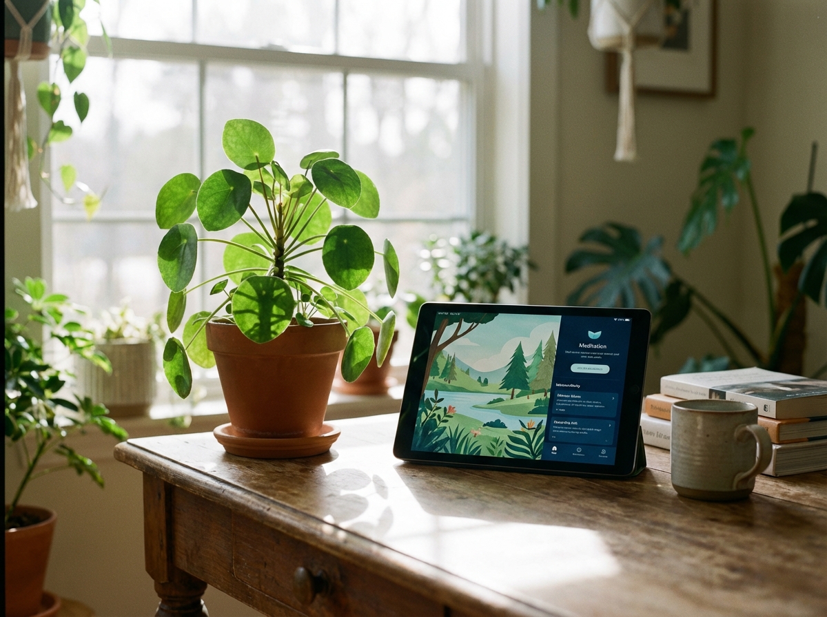 A beautiful composition of a plant and a digital tablet on a wooden table with soft sunlight filtering through a window, symbolizing a peaceful and balanced digital life. 4:3