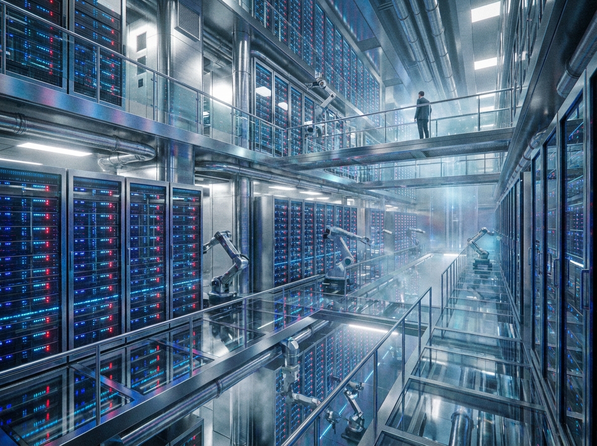 A cinematic and realistic shot of a massive futuristic data center interior with rows of server racks glowing with blue and red LED lights. The atmosphere is high-tech and sleek. No text. 4:3