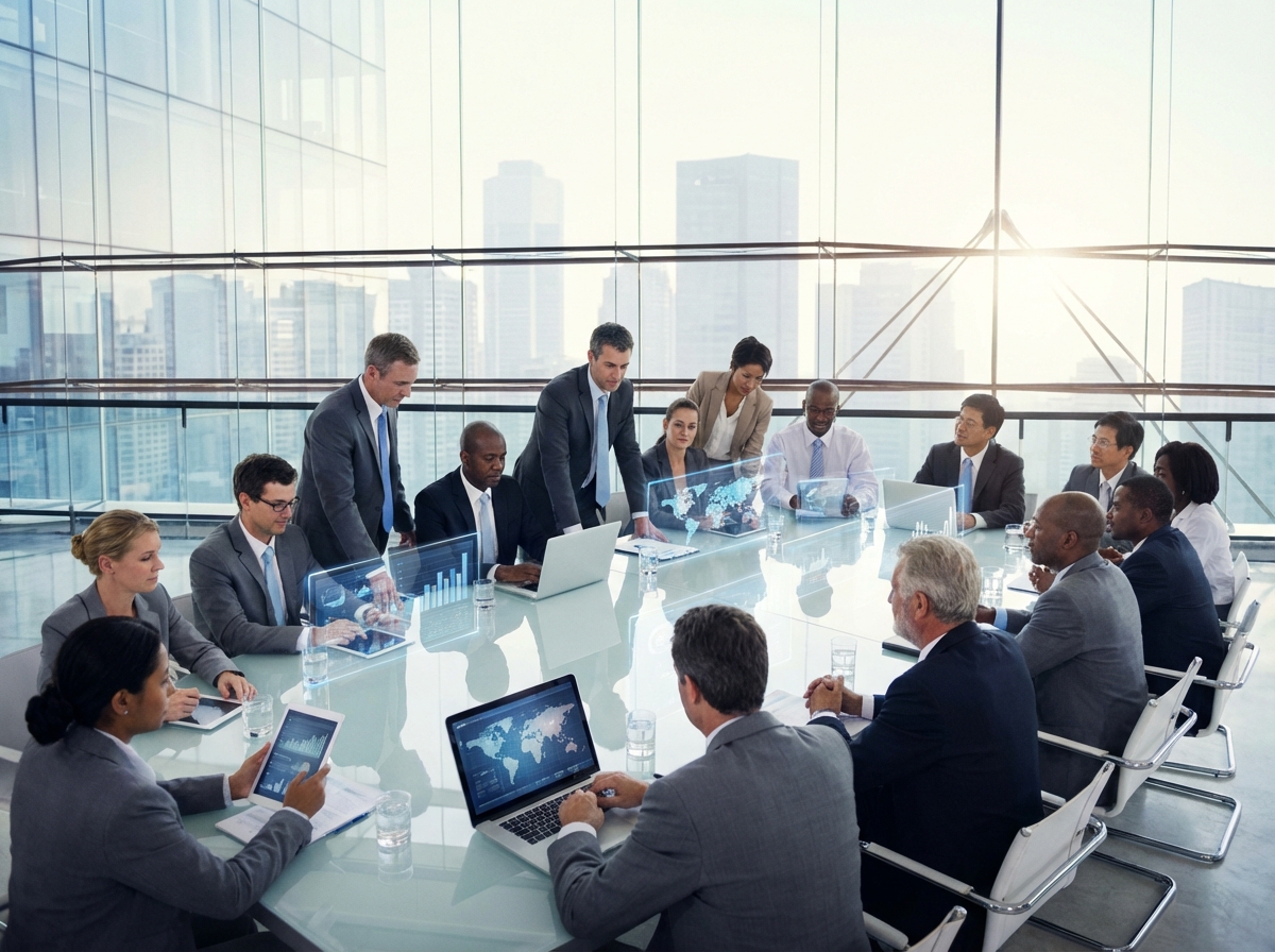 A professional business meeting scene in a modern office with large glass windows. A group of diverse executives and government officials are discussing over a table with tablets and holographic displays. Bright natural lighting. No text. 4:3
